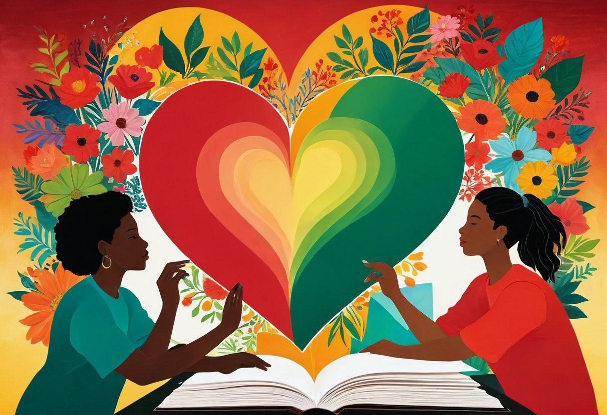 A vibrant collage illustrating the interconnected themes of love and learning, featuring a heart entwined with books and blossoming flowers. In the background, silhouettes of diverse figures engaging in collaborative learning and heartfelt conversations. The scene is infused with warm, inviting colors, symbolizing affection and passion for knowledge. artistic blend of realism and abstract elements. bright and colorful.