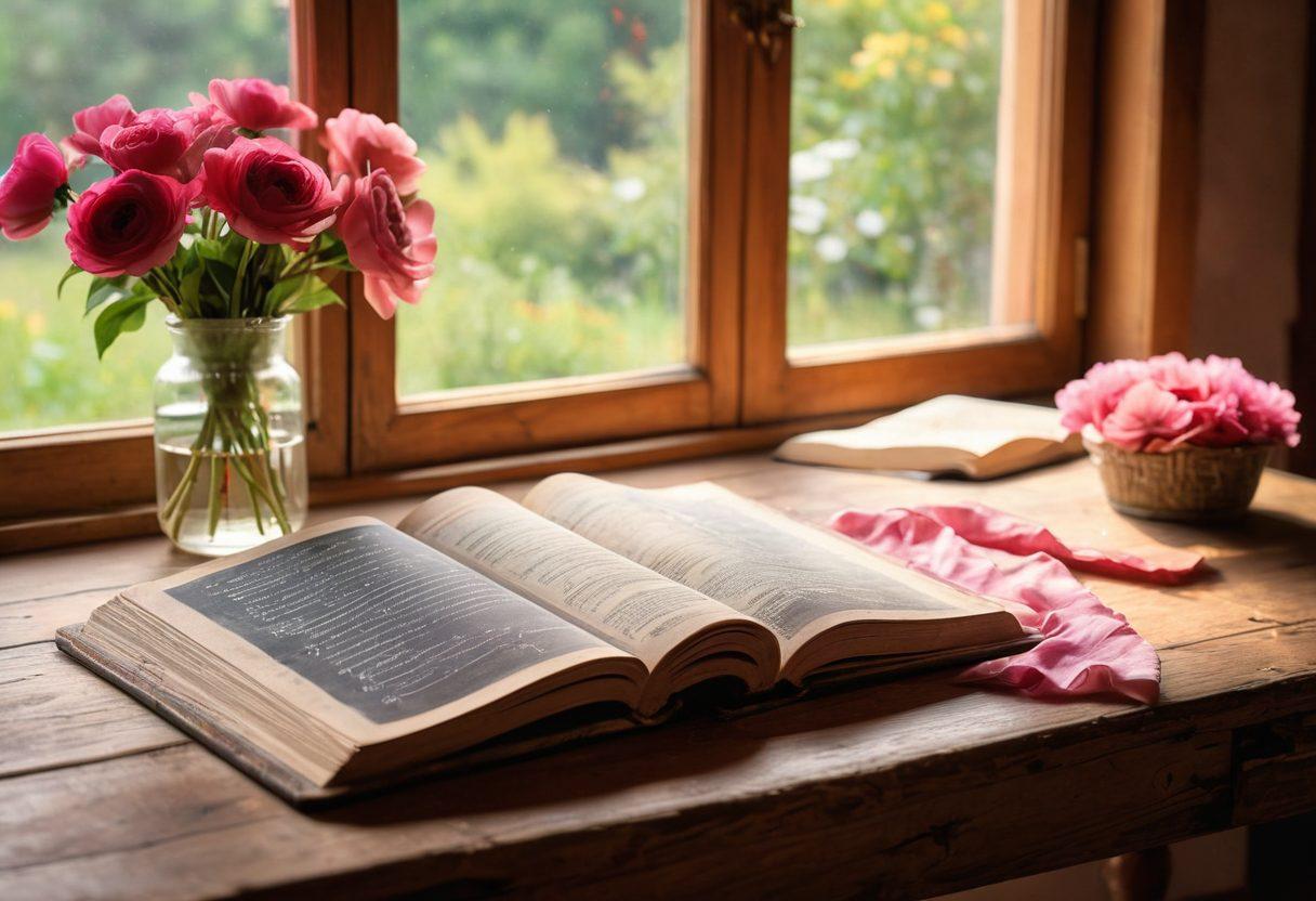 An open book on a wooden desk, surrounded by blooming flowers symbolizing love, with soft sunlight streaming through a window illuminating a couple studying together, sharing ideas and smiles. In the background, a chalkboard filled with romantic quotes and educational diagrams, creating an atmosphere of learning and affection. painting. warm colors. soft focus.