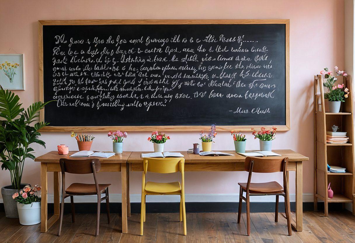 A cozy classroom setting filled with vibrant flowers and soft lighting, where a couple is engaged in a passionate discussion over books, highlighting their connection. Include a blackboard with romantic quotes and colorful stationery scattered around. Capture the warmth and intimacy of a nurturing learning environment. soft pastel colors. super-realistic.